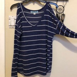 Blue and White Stripped Long Sleeve V-Neck Sweater